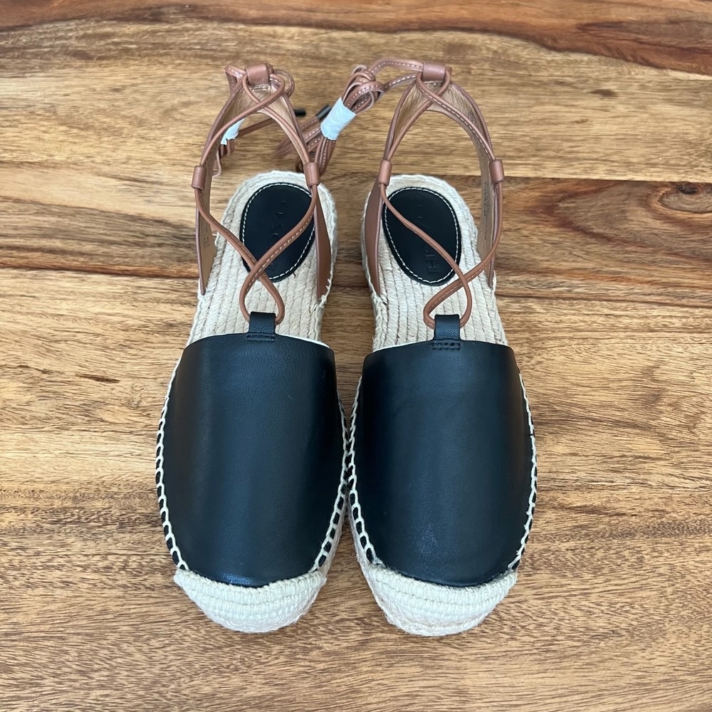 Coach Rita Espadrille Sandals – Black/Tan Leather Lace-Up Flats Size 5.5